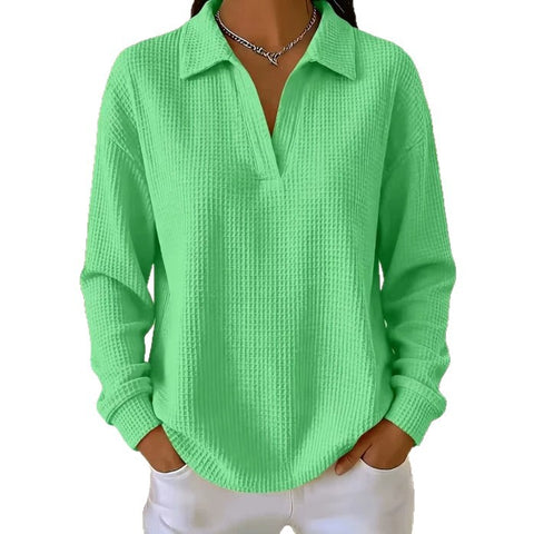 Waffle Lapel Long Sleeve Polo Top m303214
