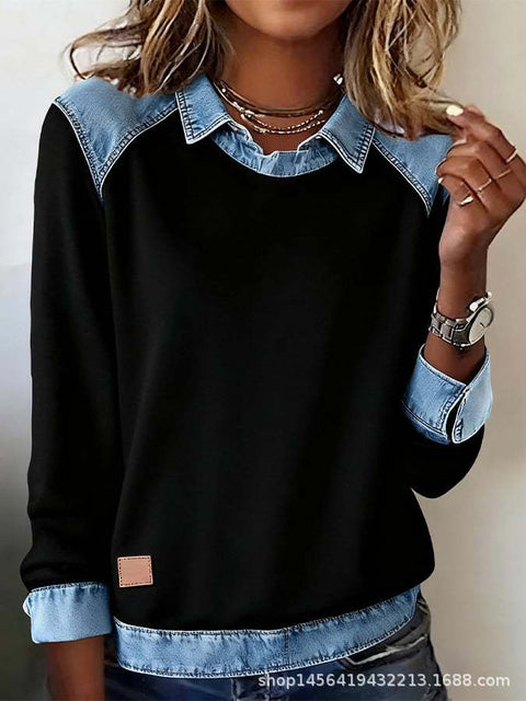 Denim collar long sleeves pullover spliced knitted sweater top m302161