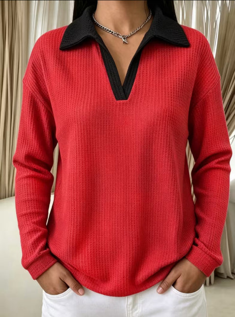 Waffle Contrast Long Sleeve Polo Top Women's m303233