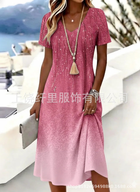 Printed women's v-neck short-sleeved temperament fashion dress m303046