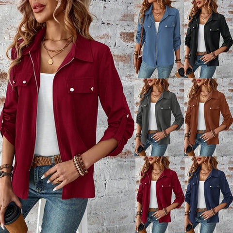 Revers Reißverschluss Strickjacke Handtasche Hut einfarbig Langarmjacke m300675 