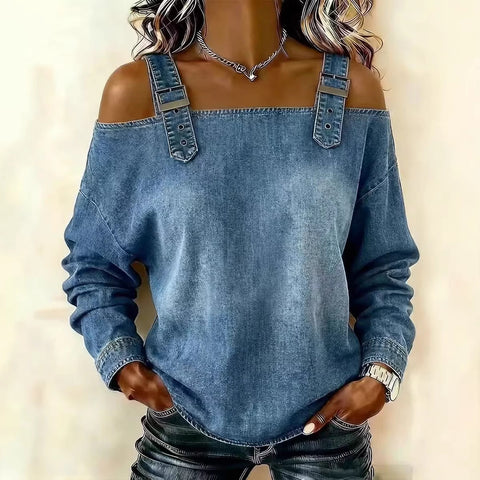 One-word tie shoulder strap long-sleeved top m303209