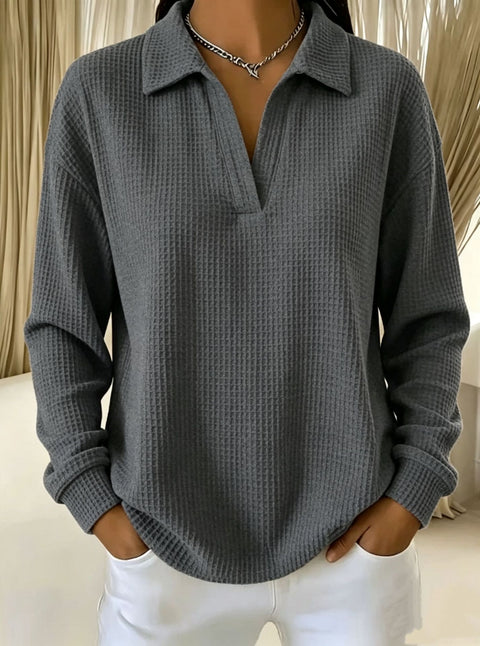 Waffle Lapel Long Sleeve Polo Top m303214