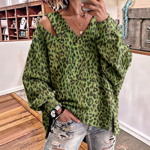 Open shoulder sweater autumn and winter new age-reducing foreign style V-neck leopard print long-sleeved top FF303328