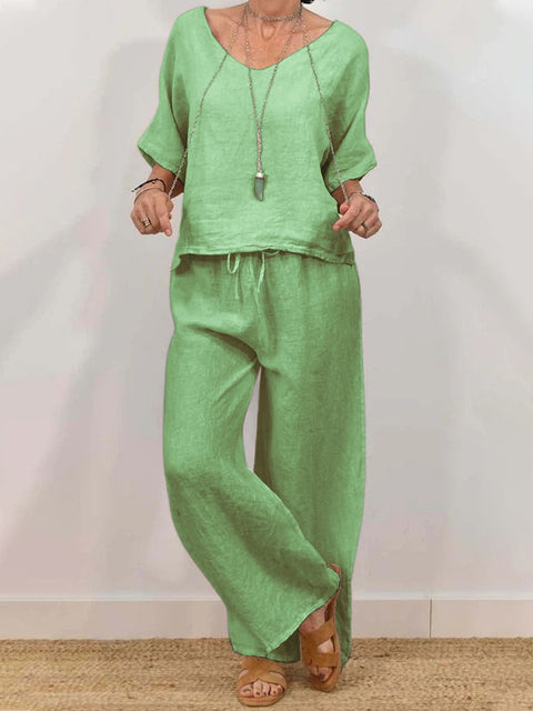 Lässiger V-Ausschnitt-Pullover mit Fünfviertelärmeln und Hose, mehrfarbig, zweiteiliges Damen-Set m301430 