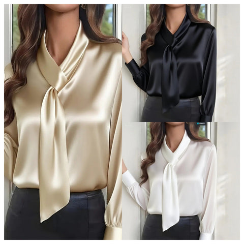 Autumn solid color fashion design sense streamer long sleeve shirt women's m302360