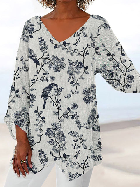 Damen-T-Shirt mit V-Ausschnitt und neunviertellangen Ärmeln und Tiermotiven, lockeres Motiv, m301289 
