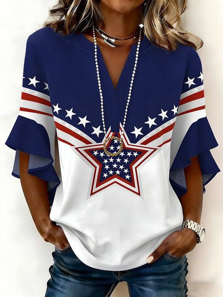 Creative floral element printing digital printing casual trend V-neck lotus edge horn T-shirt m302747