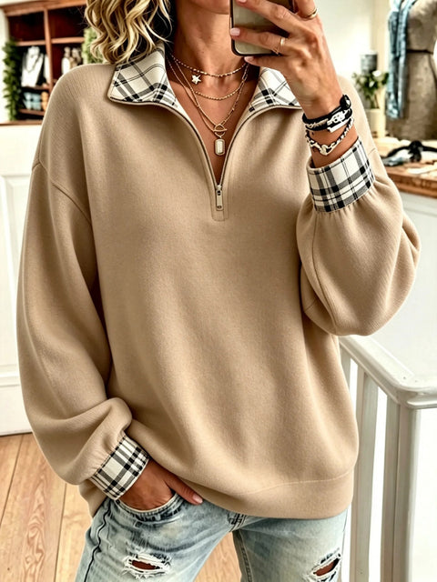 Plaid solid color printed women's semi-zipper stand-up neck sweater FF303402