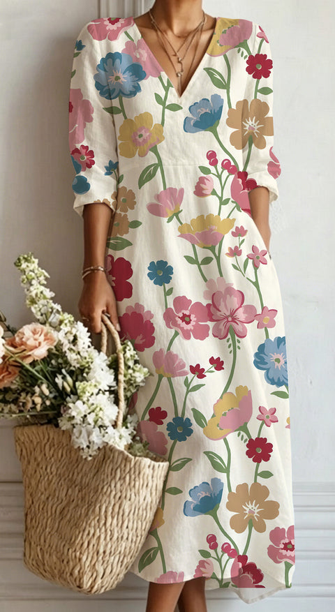 Women's loose V-neck fashion high-end long-sleeved printed collar dress m302766