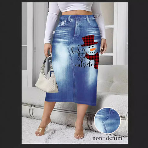 Large size fashion women's clothing imitation denim print flower print hip skirt m302405