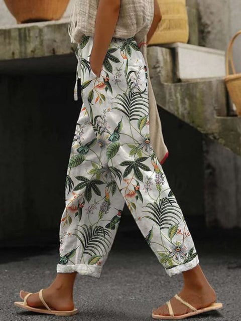 Linglong hemp digital printing simple crimped casual pants m303184