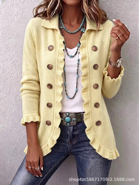 Women's fashion long-sleeved ruffle leaf open button cardigan FF303384 01