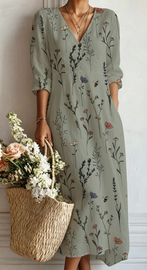 Women's loose V-neck fashion high-end long-sleeved printed collar dress m302766