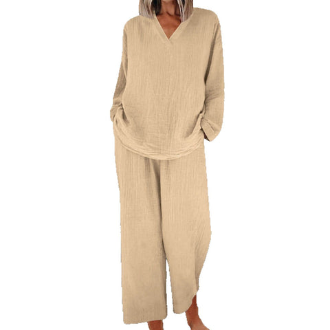 Lässiger Pullover mit V-Ausschnitt, lange Ärmel und Hosen mit Tasche, mehrfarbiger Baumwollanzug für Damen m301441 