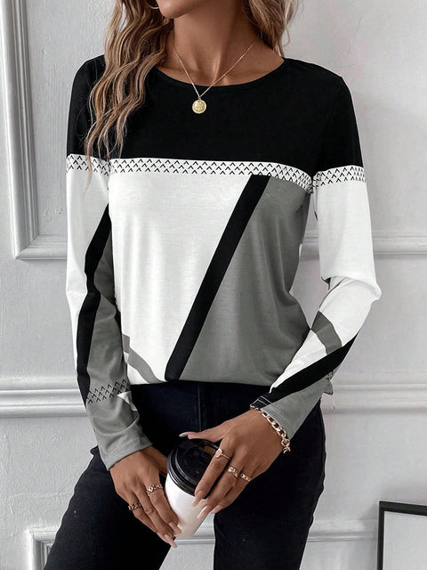Pullover Rundhalsausschnitt Kontrastfarbe Spleißen Geometrisch bedrucktes Oberteil Damen T-Shirt m300874 
