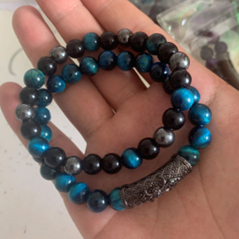 Elastisches Armband aus Tigerauge-Kupfer mit Mikroeinlage, schwarzer, matter Zirkonia, m3331288