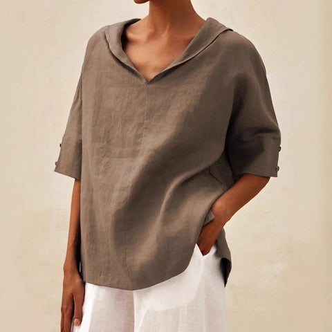 Einfarbiges, lockeres T-Shirt aus Baumwolle und Leinen für Damen mit Kapuze m301294 