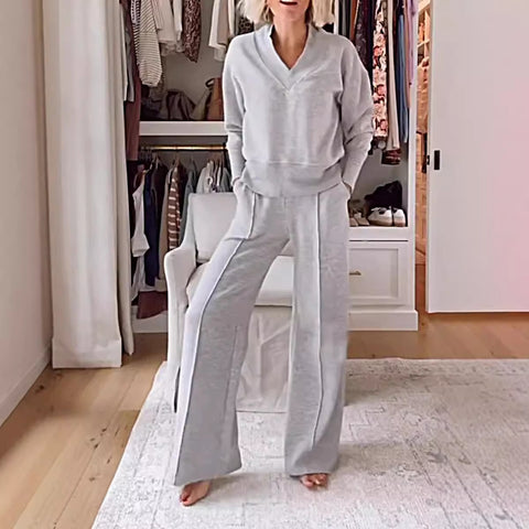 Ensemble deux pièces haut ample à manches longues et col en V et pantalon large m301327 