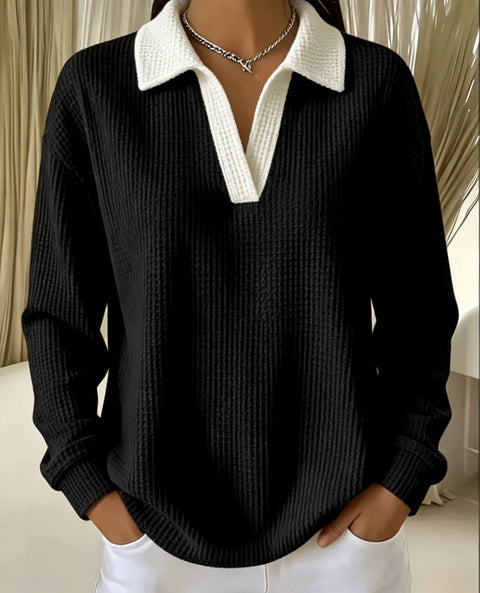 Waffle Contrast Long Sleeve Polo Top Women's m303233