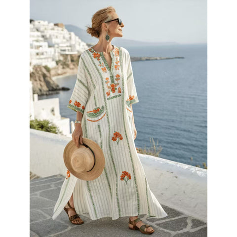 Holiday long striped embroidered dress m302762