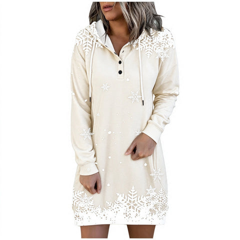 Autumn and Winter Snowflake 3D Printed Button Hooded Sweater Long Women's Top FF303509