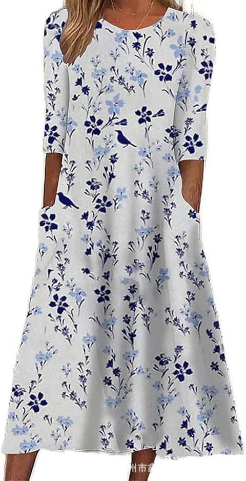 Damen Casual Rundhals Pullover Kurzarm 3D Druck Plissee Taille Swing Langes Kleid m301299 