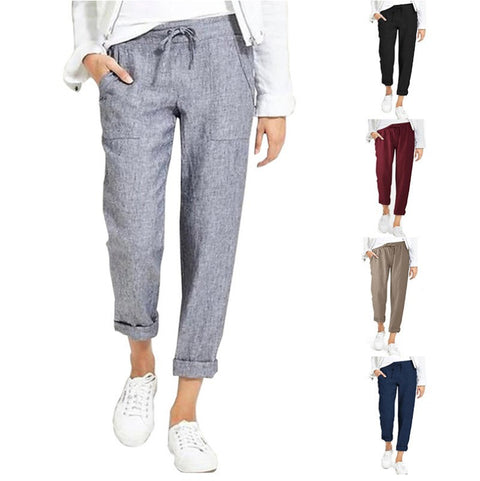Drawstring high waist pocket loose large size cotton and linen casual pants women m301567