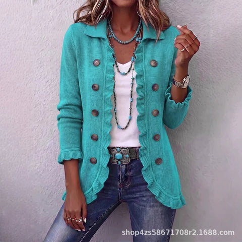 Women's fashion long-sleeved ruffle leaf open button cardigan FF303384 02