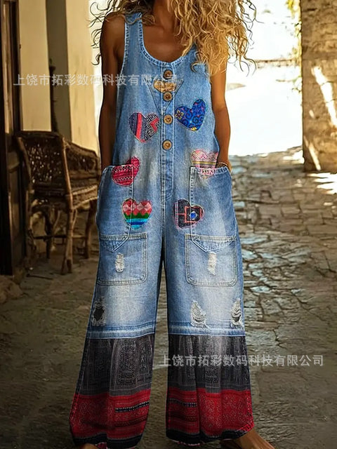 Retro trend wide-leg pants overalls women's sleeveless imitation denim m302436