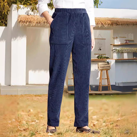 Women's solid color elastic waist striped straight casual pants women's m301568