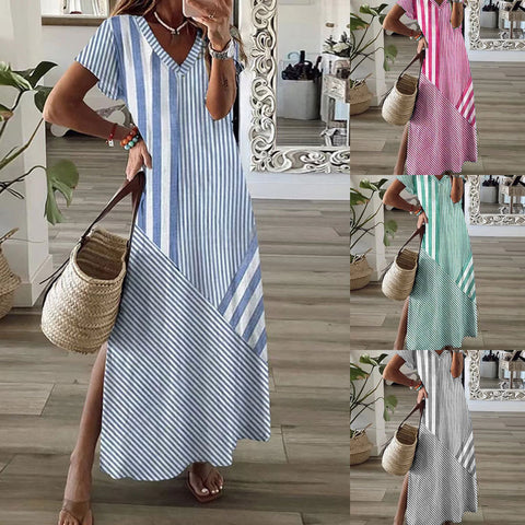 Robe fendue à col en V et imprimé à rayures positionnées m301462 