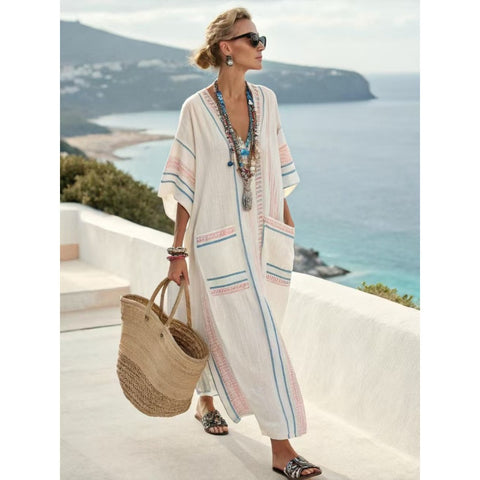Holiday long striped embroidered dress m302762
