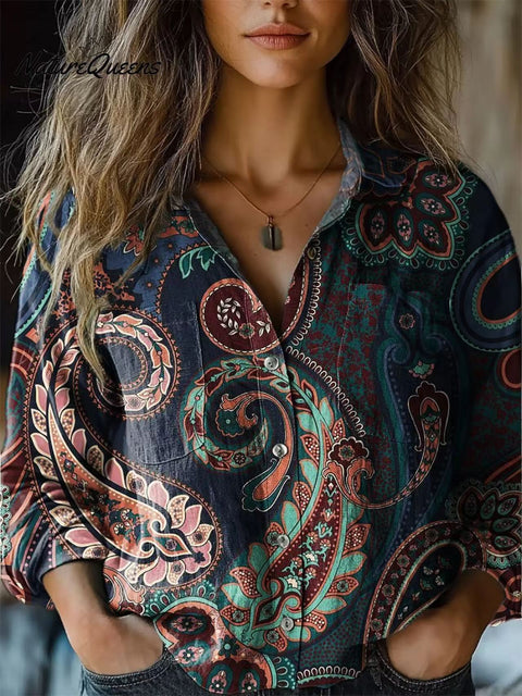 Printed long-sleeved shirt imitation cotton and linen shirt spring and summer cardigan FF303383