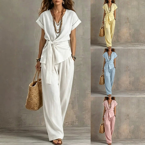 Casual V-neck pullover short-sleeved trousers washed cotton set m303163
