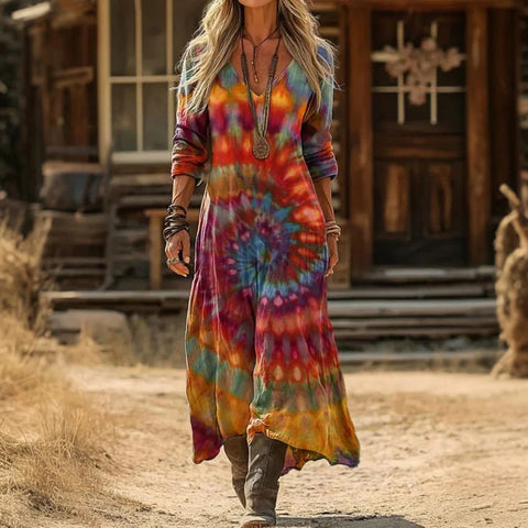 Creative tie-dye 3D printing women's new V-neck long-sleeved dress medium and long dress m302799