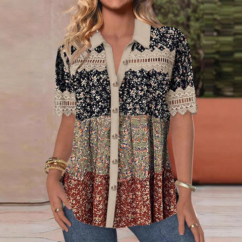 Chemise décontractée à col chemise et manches courtes, cardigan classique, imprimé numérique, chemise femme m301417 
