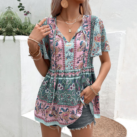 Summer personality versatile new European and American ethnic style flower geometric printing shirt women's m301744