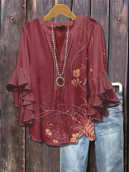 Creative floral element printing digital printing casual trend V-neck lotus edge horn T-shirt m302747