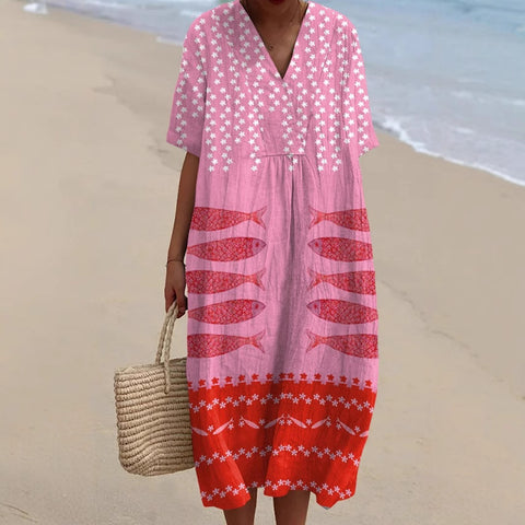 Large size women's shirt short-sleeved dress floral seaside vacation dress m302744