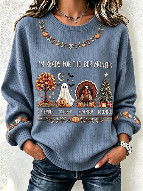 Halloween Waffle Print Crew Neck Long Sleeve Casual Pullover Sweater FF303495