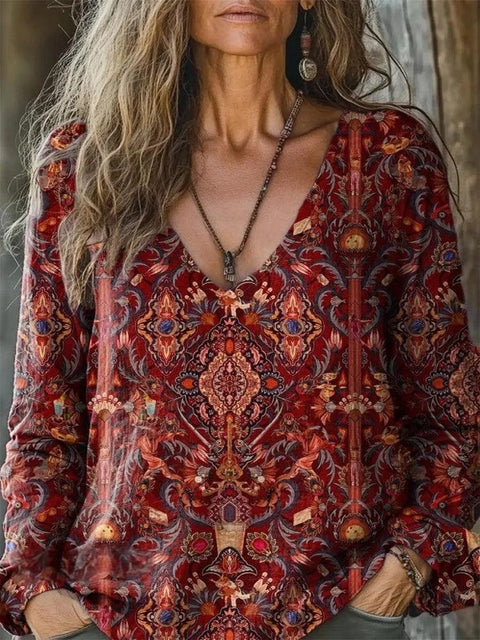 Casual V-Neck Long Sleeve Pullover Digital Printing Women's Upper T-Shirt FF303120