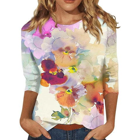 Pull ras du cou à manches sept-quarts et imprimé 3D de fleurs et de plantes m300615 