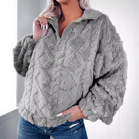 Einfacher, einfarbiger, halblanger Reißverschluss, Stehkragen, lockerer Plüschpullover m300436 