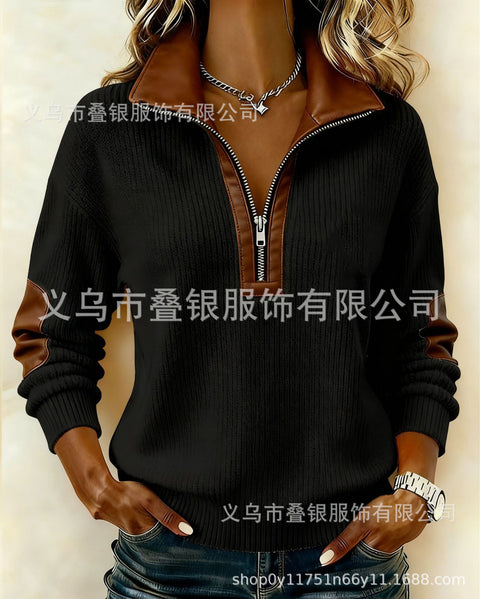 Long-sleeved semi-cardigan zipper sweater casual retro color matching long-sleeved stand-up collar top FF303410