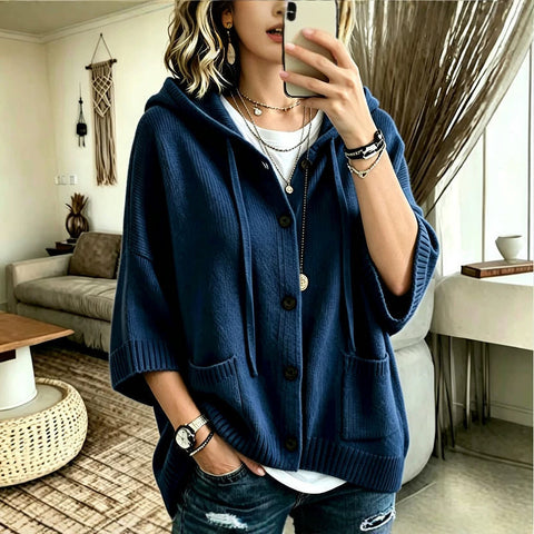 Multi-color hooded knitted cardigan loose seven-quarter sleeve sweater FF303358