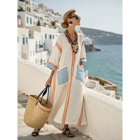 Holiday long striped embroidered dress m302762