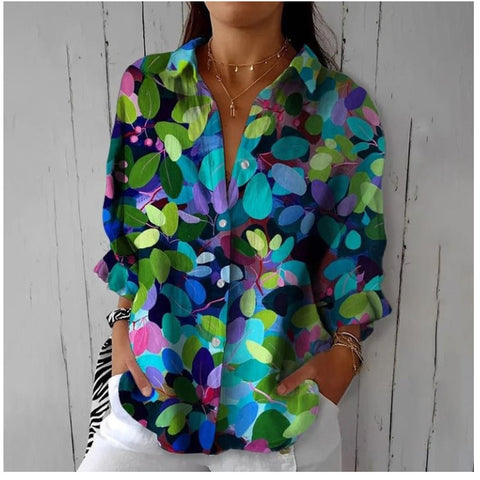 3D digital printing abstract pattern women's long-sleeved buckle linen shirt m302749-01