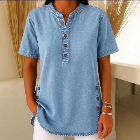 Crew Neck Button Daily Commuter Denim Casual Short Sleeve T-Shirt FF303259