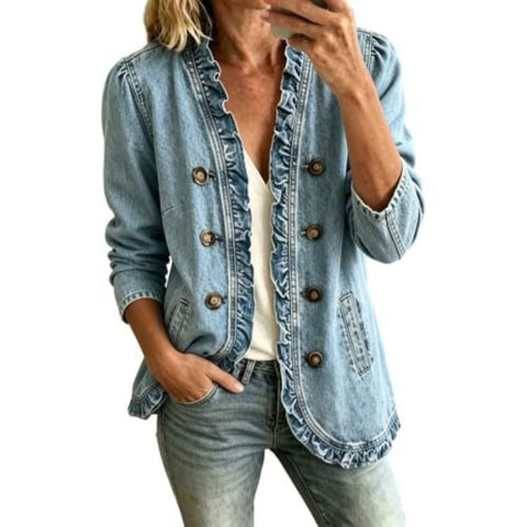 Washed denim jacket women's ruffle edge button-up denim jacket FF303256